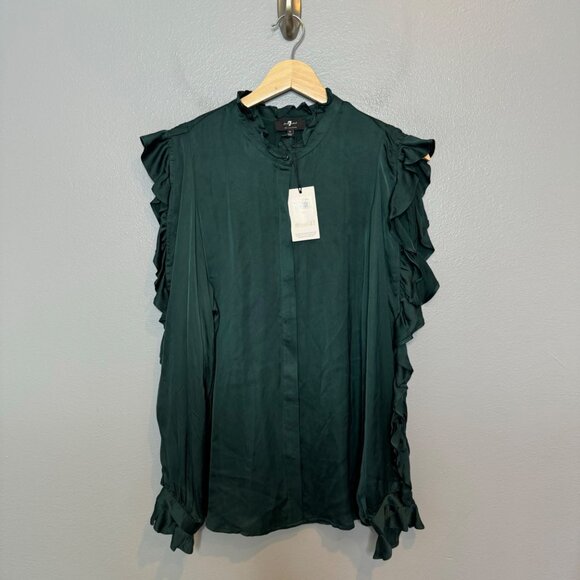 7 FOR ALL MANKIND forest green ruffle sleeve cupro blouse size M - Picture 1 of 7